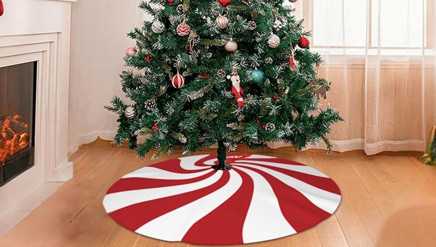 Adeptna Candy Cane Christmas Tree Skirt – Festive Faux Fur Design – Red & White Peppermint Candy Pattern – 80Cm Diameter – Soft Durable Polyester – Decorative Red Swirl Tree Skirt