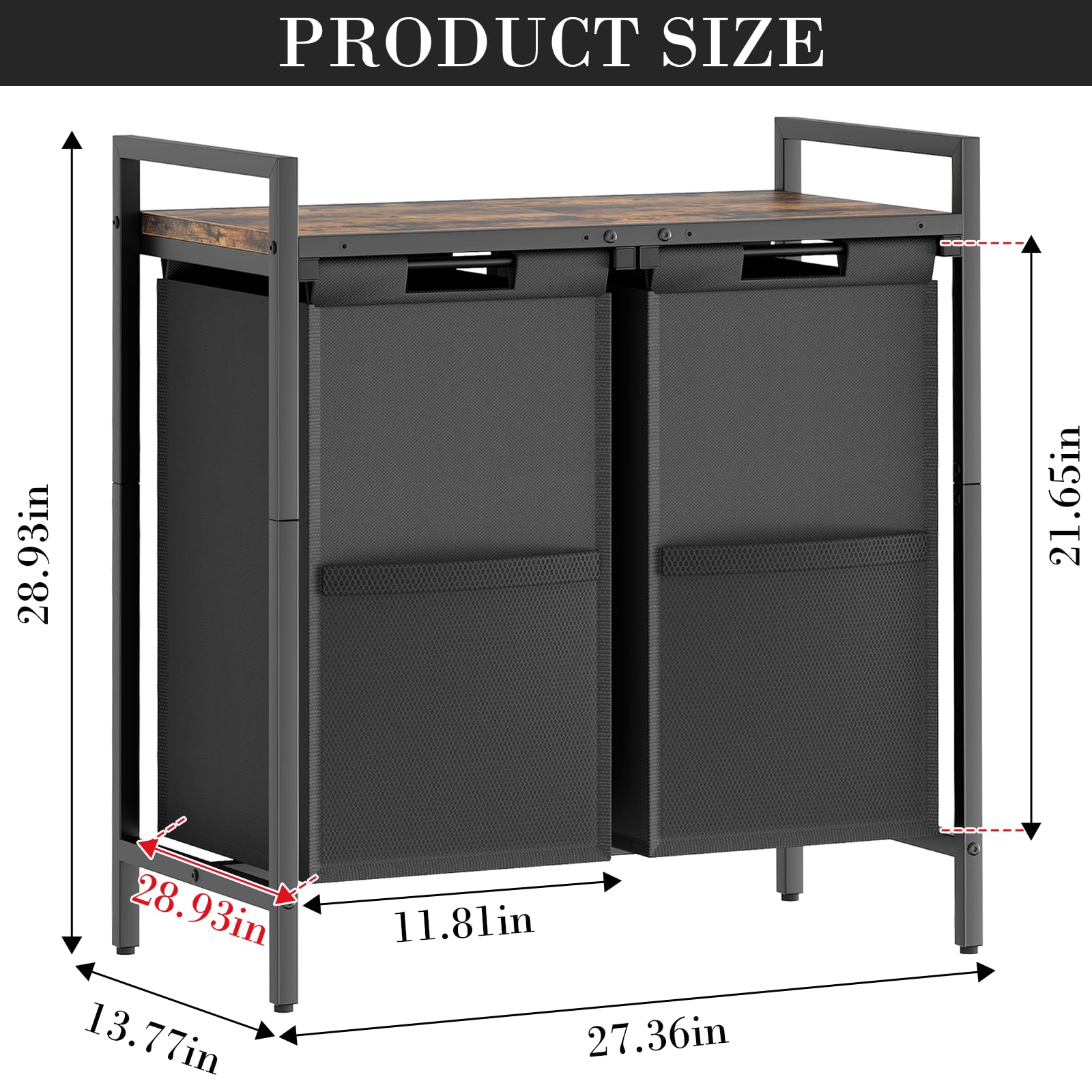 Wäschekorb Schwarz mit ablage 2 Fächer, Wäschesammler mit Ablage, wäschesammler Wäschesack Waschesammelbox aus Oxford-Laundry Baskets,Metallrahmen, 2 x 46 L, 73 x 33 x 72 cm