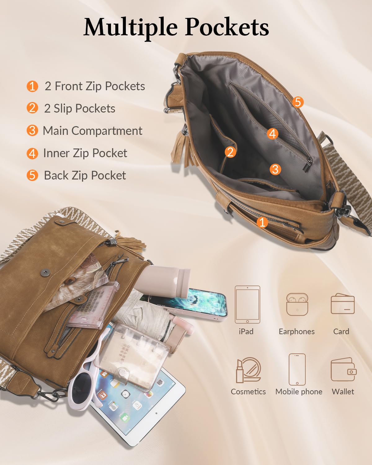 Bolsos Bandolera Mediano para Mujer, Bolso Cruzado de Diseño en Piel Vegana con Borla y Correa Ancha de Estilo Boho, Bolso de Hombro de Moda con Múltiples Bolsillos