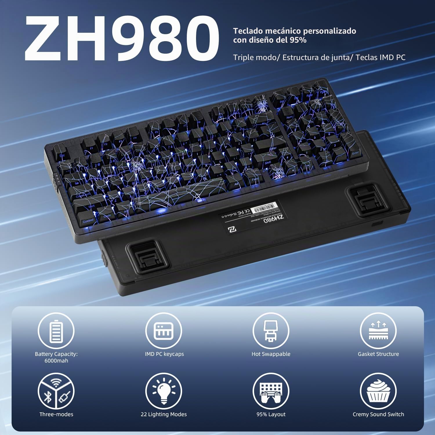 ZORNHER Teclado mecánico inalámbrico ZH980, teclado cremoso al 95 % con teclado numérico, teclado para juegos con teclado numérico, PC de telaraña, interruptores lineales de sonido cremoso, tamaño