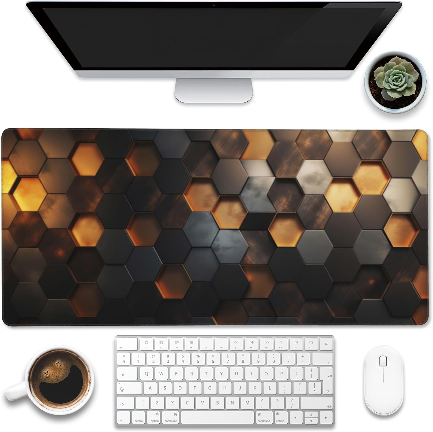 Desk Mat - Golden Honeycomb Technology Large Gaming Mouse Pad With Non-Slip Base and Stitched Edge, Extended Big Computer Keyboard Pad, 35.4"x15.7"