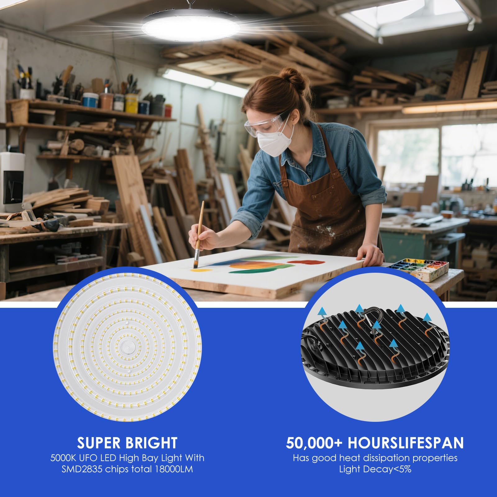 WTL 150W UFO LED High Bay Light 100V-277V 18000LM High Bay Led Shop Lights 5000k Dimmable 0-10V UFO — view 3