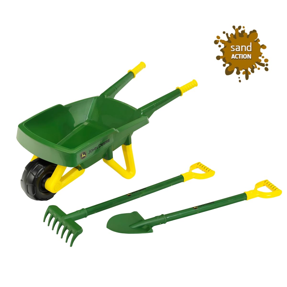 Theo Klein 3952 John Deere zestaw taczek, wytrzymały zestaw narzędzi ogrodowych dla dzieci, w zestawie szufla i grabie, zabawka dla dzieci od 3 lat
