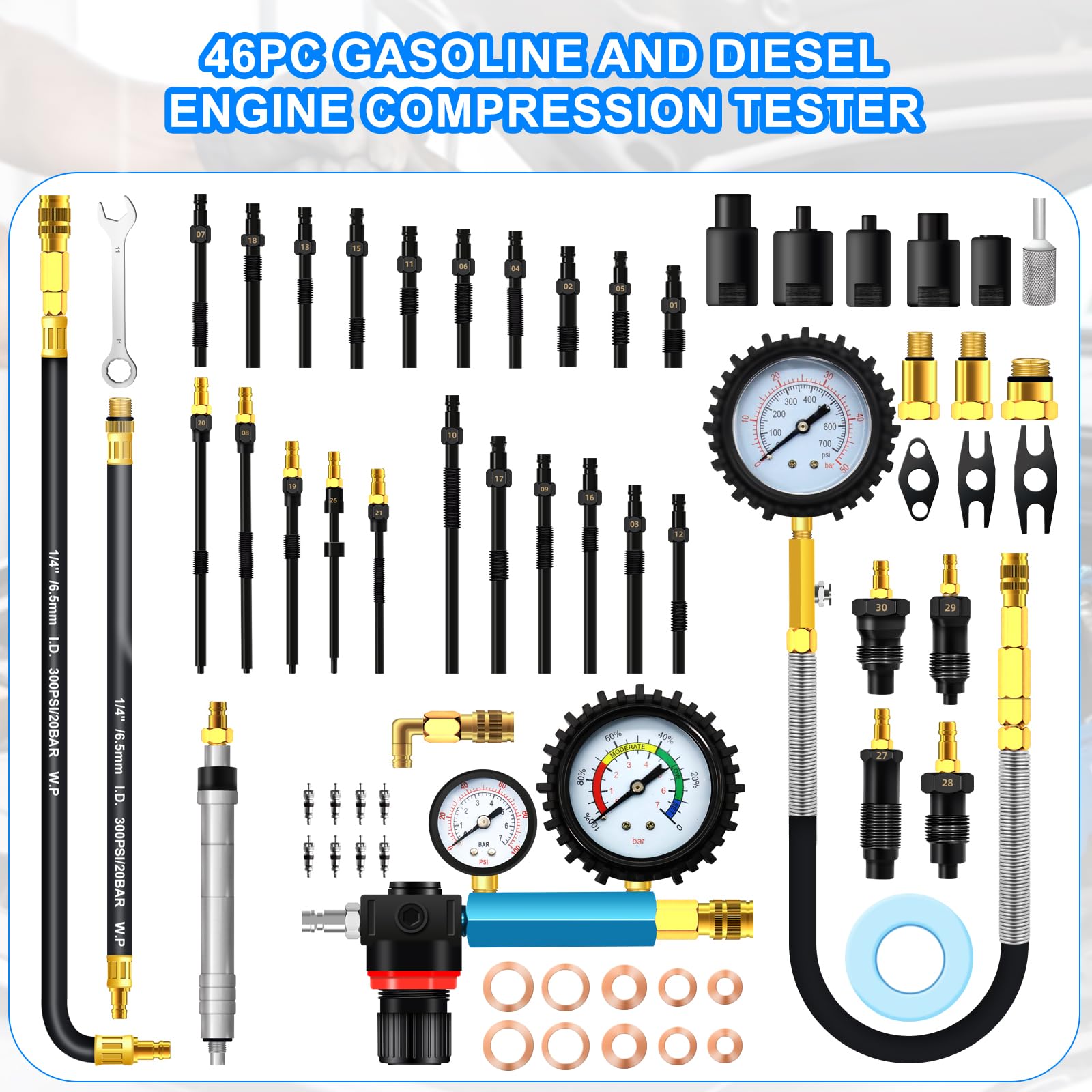 46tlg Kompressionstester - Benzin & Diesel Motor Kompressionsprüfer 0-50 Bar | 0-725 Psi, für HDI,TDCi, Pumpe Duse Motor, Druckverlusttester kompatibel mit Kfz PKW LKW M24, M22, M20, M14, M12, M10, M8