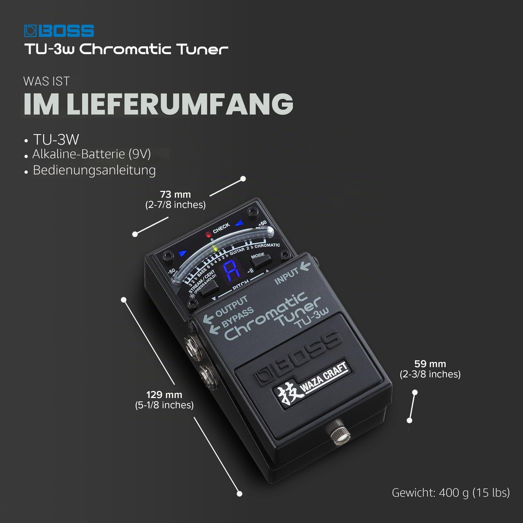 BOSS TU-3W Chromatischer Boden-Tuner auf Basis der innovativen Waza-Handwerkskunst | Extrem zuverlässiges Pedalboard-Tuning für Gitarre und Bass | Überarbeitete Schaltung
