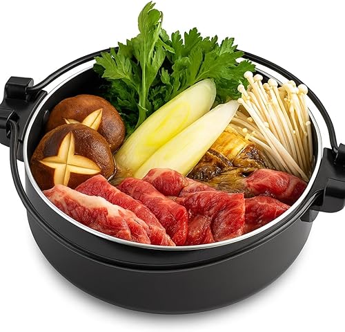 Miniatura 2 de JapanBargain 3868, Sukiyaki Nabe Pot Shabu Shabu Olla Caliente Pan con Tapa de Vidrio para Calefacción por Inducción Estufa IH