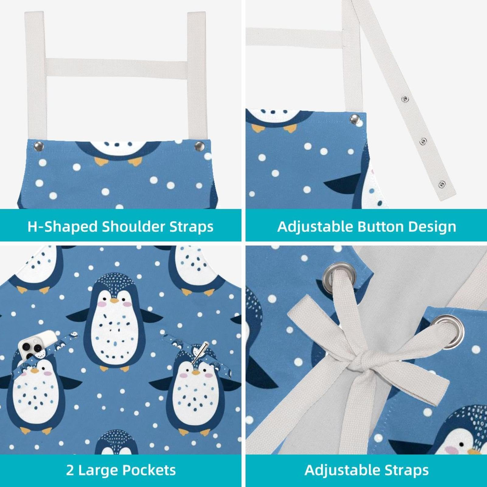Lot de 2 tabliers de cuisine doux et réglables avec 2 grandes poches pour homme et femme Motif pingouin des neiges Bleu, Pingouin des neiges mignon bleu,