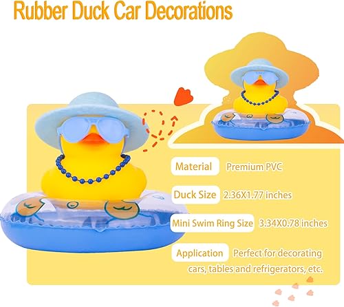 Miniatura 2 de MuMyer Adornos de pato amarillo para automóvil, decoraciones únicas de pato de goma para tablero de instrumentos con mini gafas de sol, anillo de