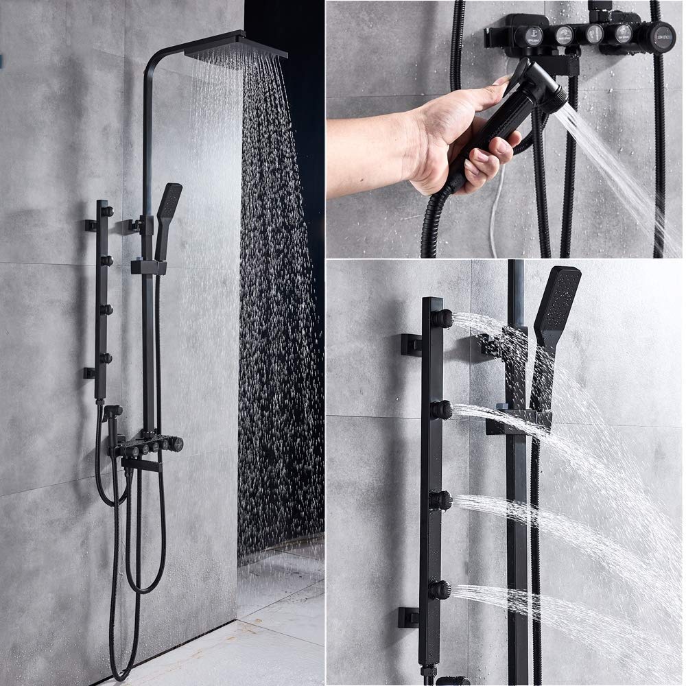 Système de douche noir avec jet de massage et pulvérisateur réglable
