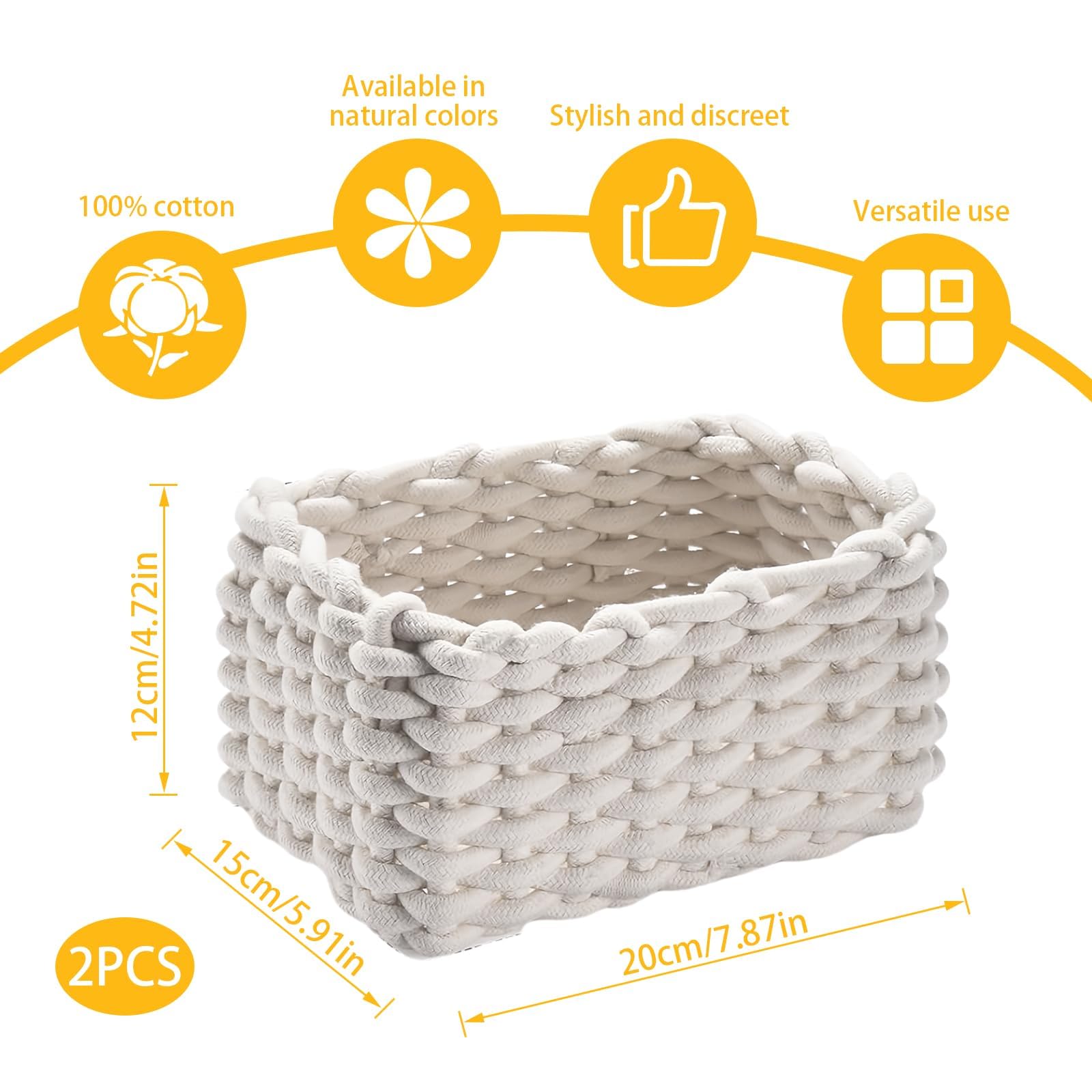 2 Pièces Panier Rangement Bébé Panier de Rangement en Corde de Coton Petit Panier Tressé Carré Paniers de Rangement à Langer Convient pour Chambre de Bébé, Chambre, Salon (Blanc)