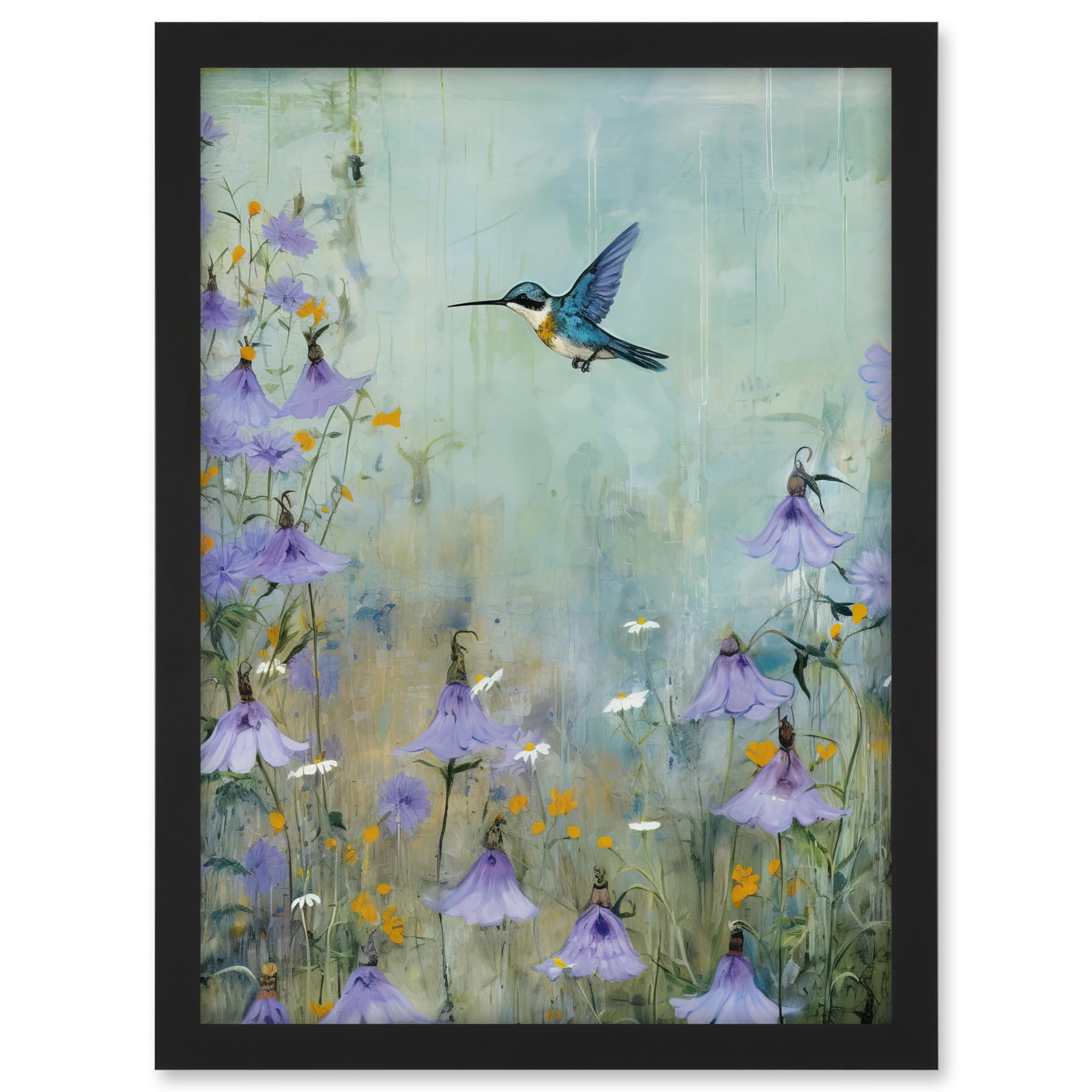 Artery8 Bluebell Hummingbird Pastel Painting Nectar Flowers Field Oil Painting Colour Artwork Framed A3 Wall Art Print