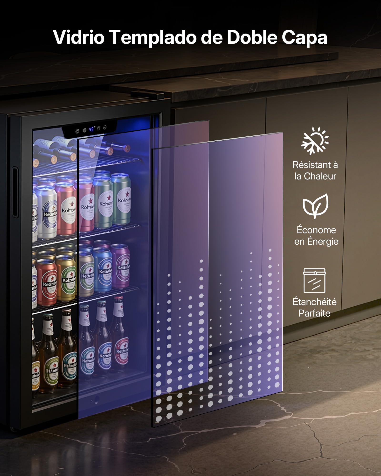 Upstreman Frigorífico de Bebidas 91 L, Mini Nevera con Puerta de Vidrio Doble, Iluminación LED, 4 Estantes Ajustables, 0-15℃, para 126 Latas, Nevera Pequeña para Refrescos, Cerveza y Vino