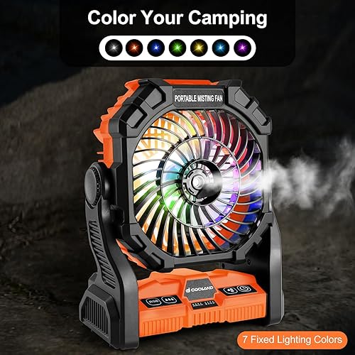 Miniatura 6 de Odoland Ventilador de campamento de 20000 mAh, ventilador de nebulización portátil con luz, ventiladores de tienda Mister recargables a pilas con