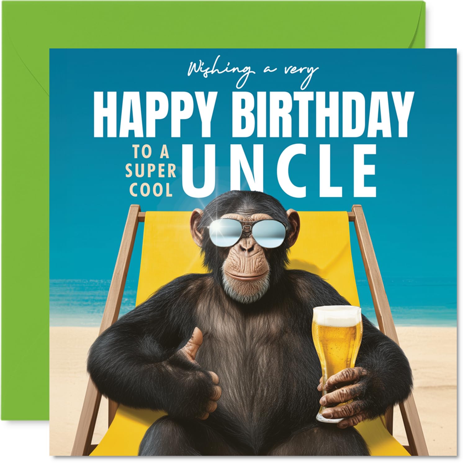 Uncle Birthday Card - Relaxing Chimp on Beach - Happy Birthday Card for Uncle from Nephew Niece, 145mm playful animal illustration Bday Greeting Cards