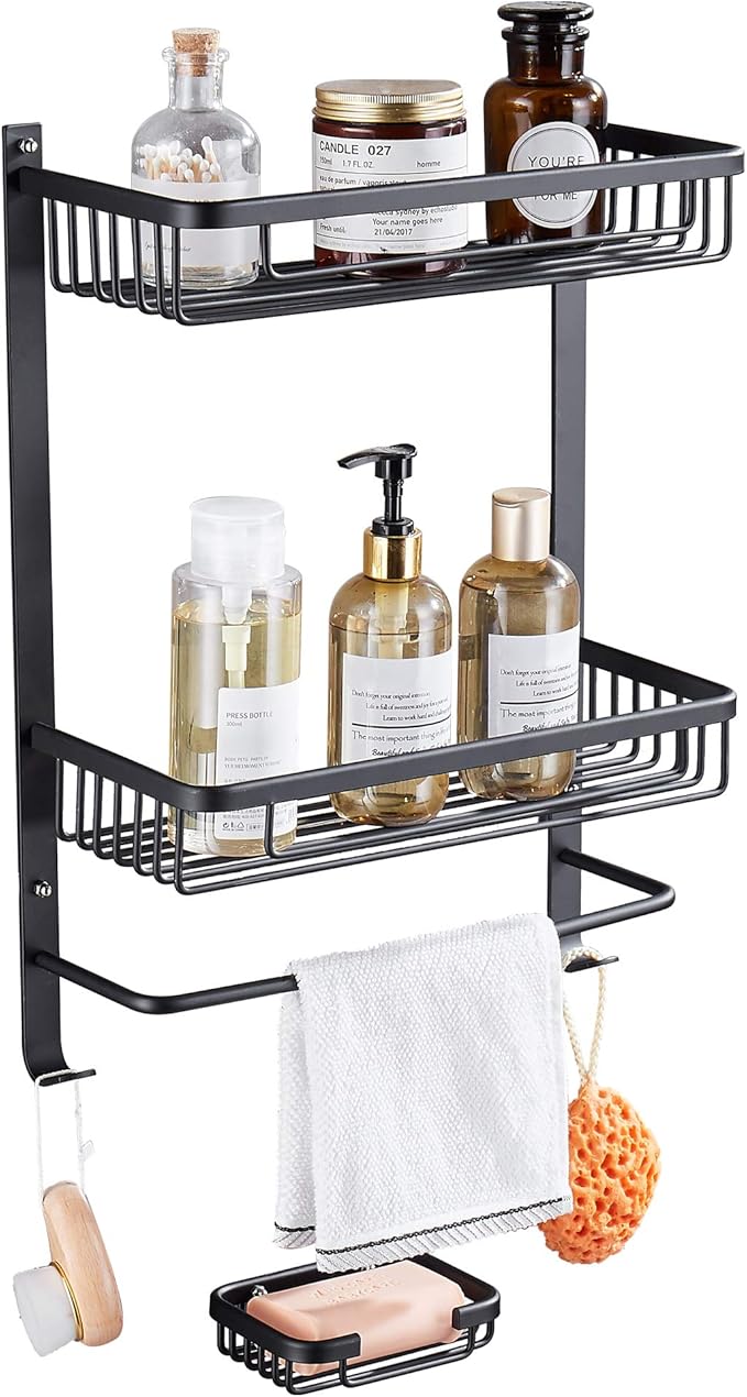 GERUIKE Baño Ducha + Jabonera con toallero Estantería Sin Necesidad de Taladrar Estantes de Pared Cesta Autoadhesivo Estante Ducha Sin Taladro para ...