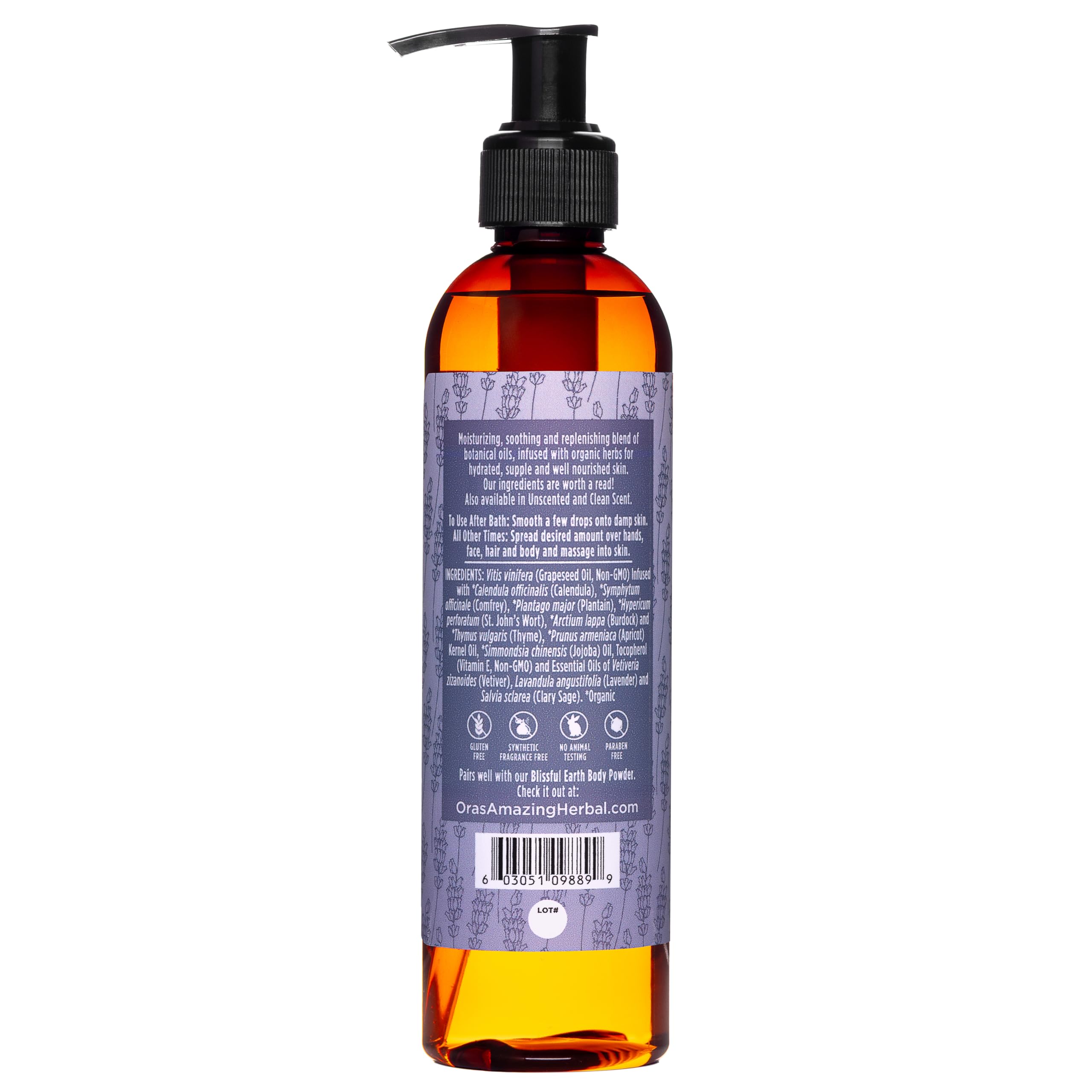 Ora's Amazing Herbal Lavender Bath Oil, Herbal Infused Moisturizing Shower and Body Oil for Women with Organic Jojoba Calendula Relaxation & Dry Skin, Blissful Earth Scent with Pump 7.5 oz