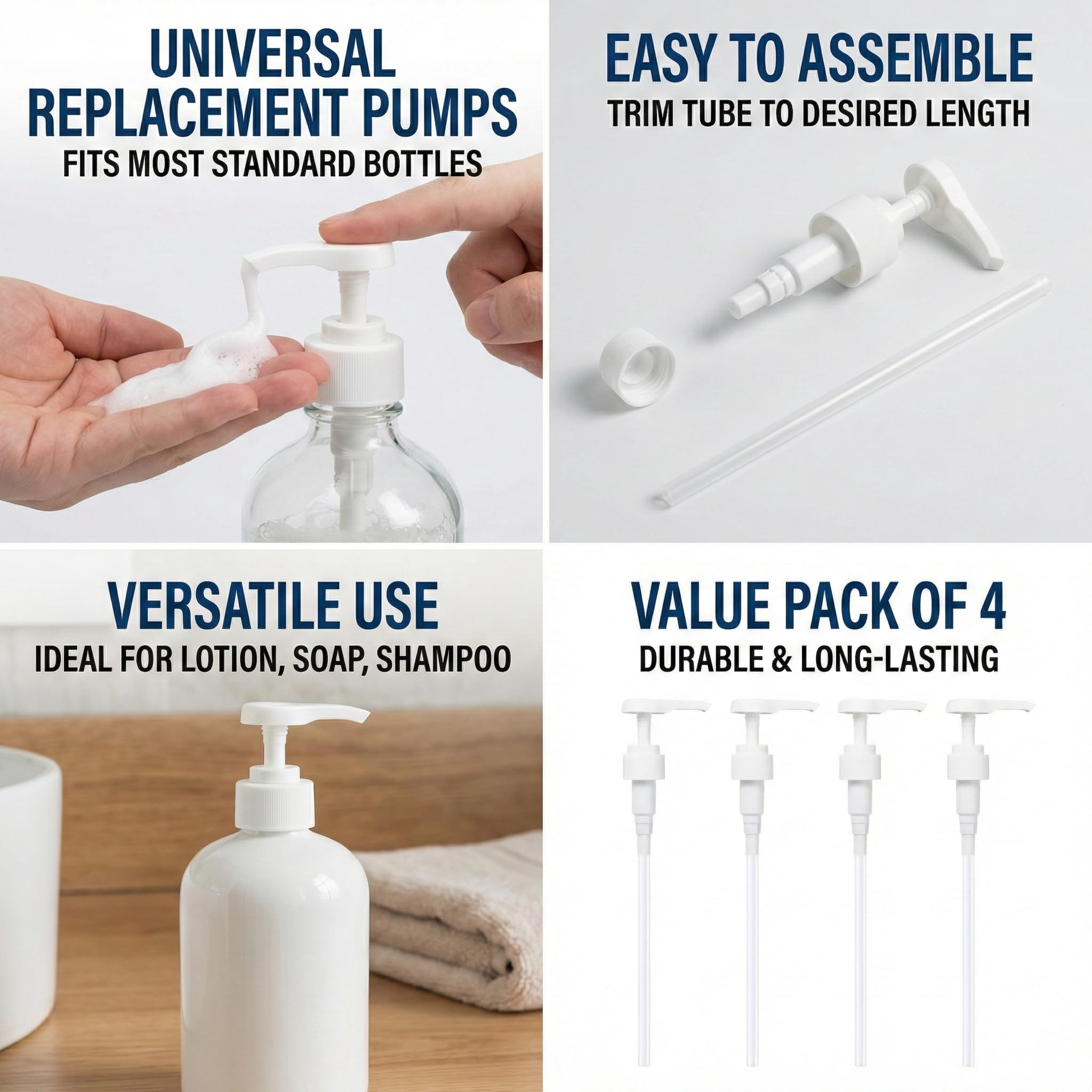 8 Dosatori per Dosaggio - Pompa per Sciroppo per Bottiglie da 500ml/1000ml, Compatibile con Tappi 28/410 e 24/410, Perfetta per Sciroppi, Shampoo e Balsami (Bianco, 0.5/1L)