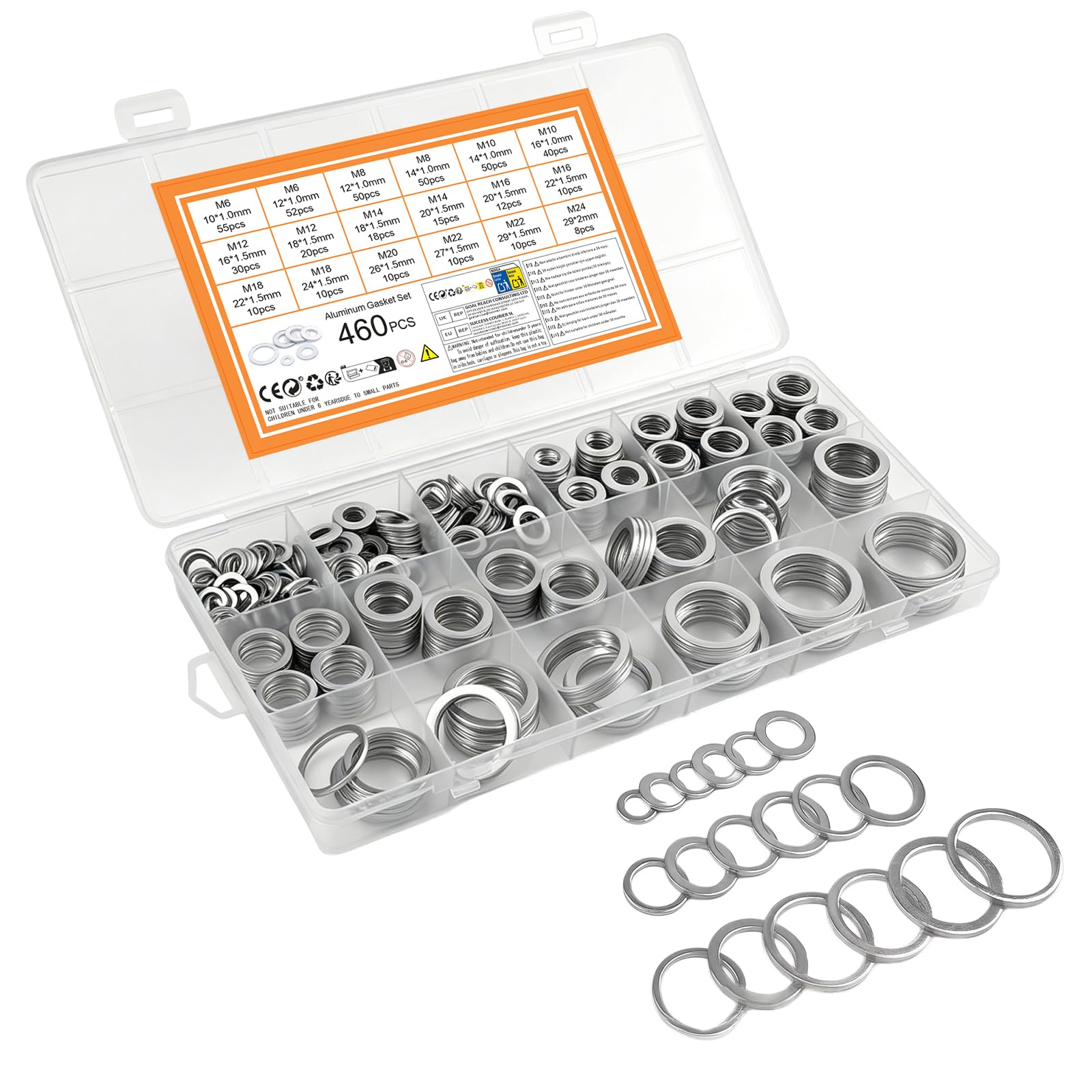 460 Pcs Aluminum Flat Washers for Screws, Metal Washers for Bolts, M6 M8 M10 M12 M14 M16 M18 M20 M22 M24 Oil Drain Plug Sealing Rings, Washer Hardware Assortment for Repair Plumbing Hydraulics