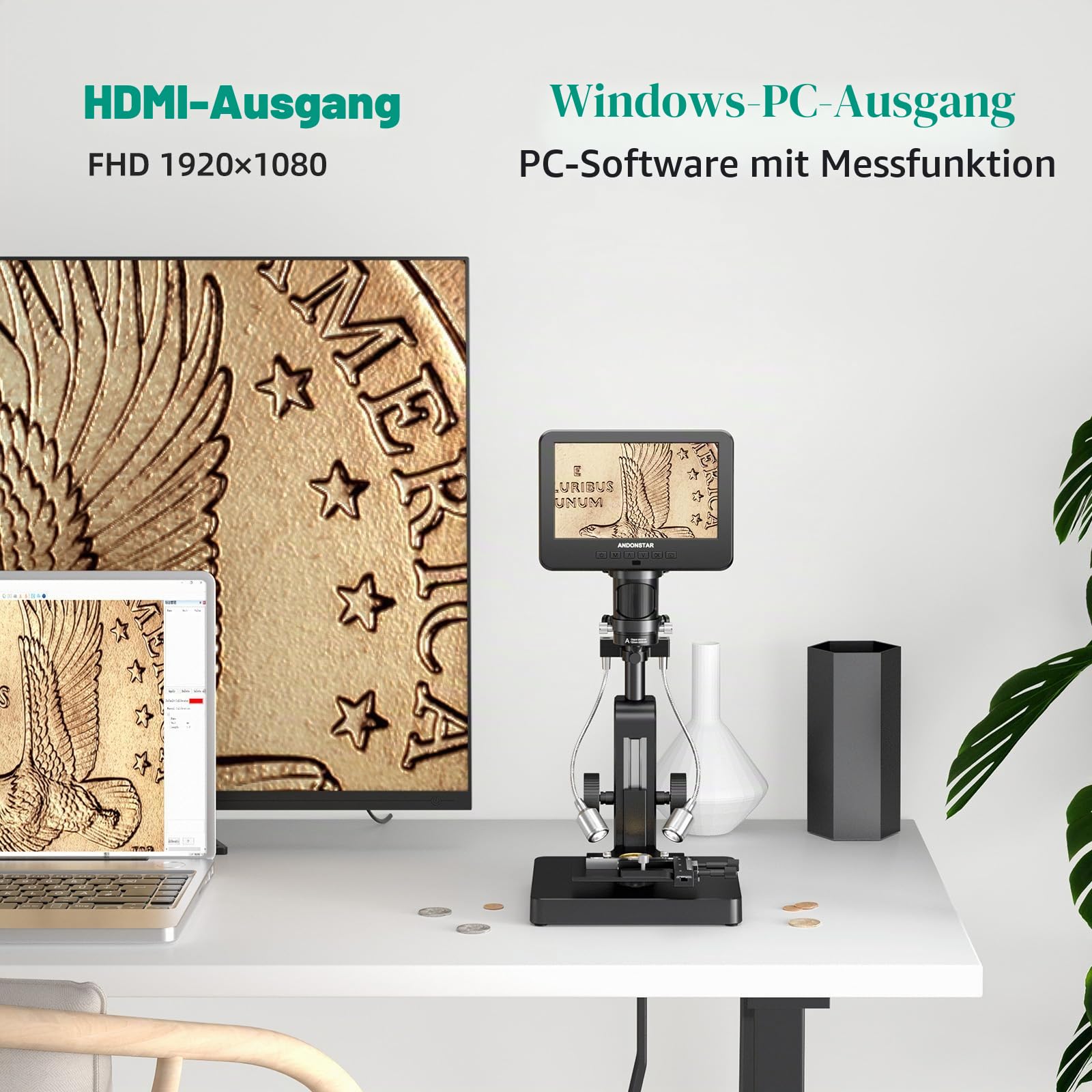 Andonstar AD266S 20X-5000X HDMI Digitales Mikroskop, 5-Linsen 2160P UHD Videoaufzeichnung, 17,8 cm LCD-Mikroskop für Erwachsene und Kinder, Heimlabor Biologisches Kit