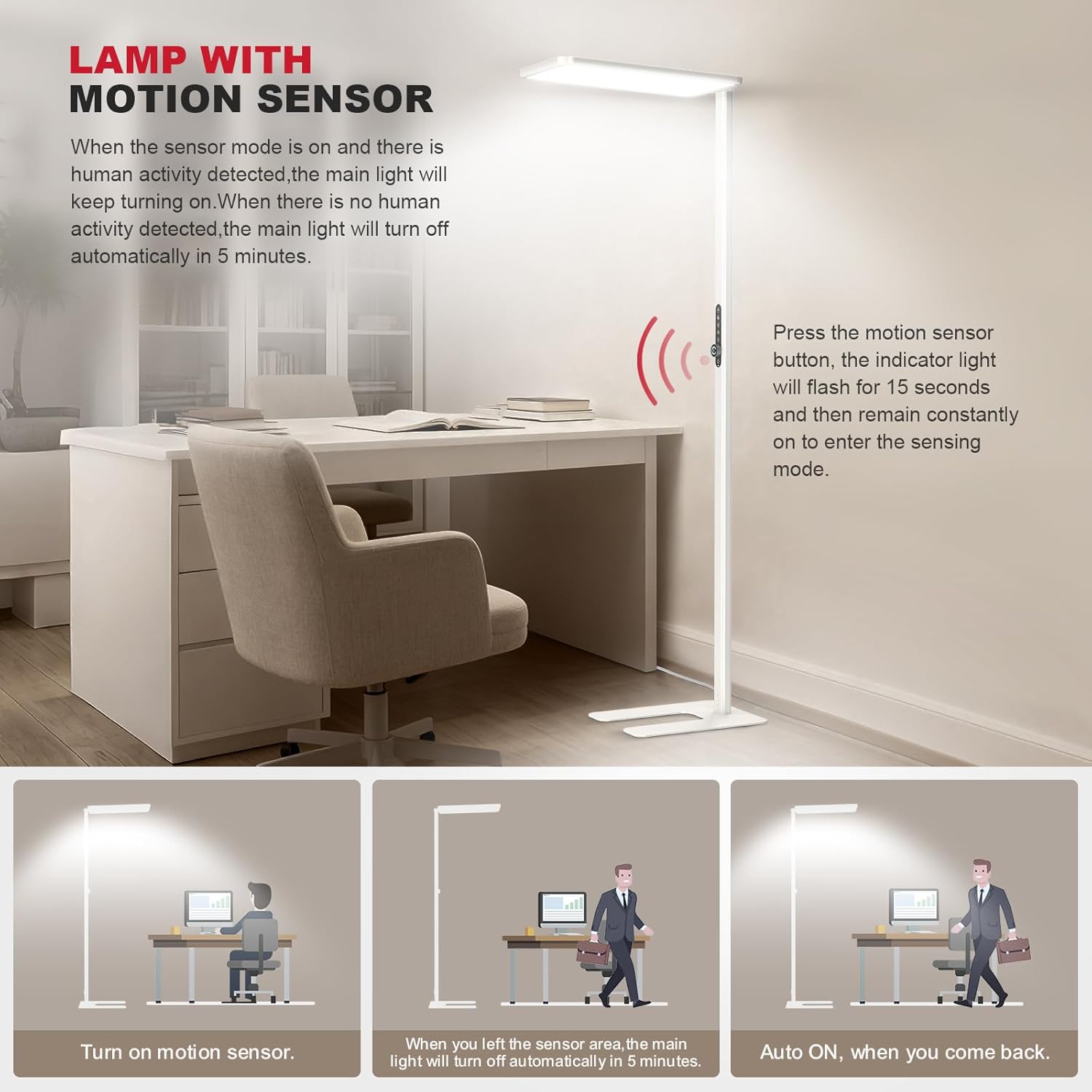 JINIU 150W 11000LM Full-Spectrum 79" LED Floor Lamp, Bridgelux Thrive™ Eye-Care Standing Lamp, Dimmable 4000K Natural Daylight, Motion Sensor for Home Office, Playroom, Special Nightlight for Bedroom