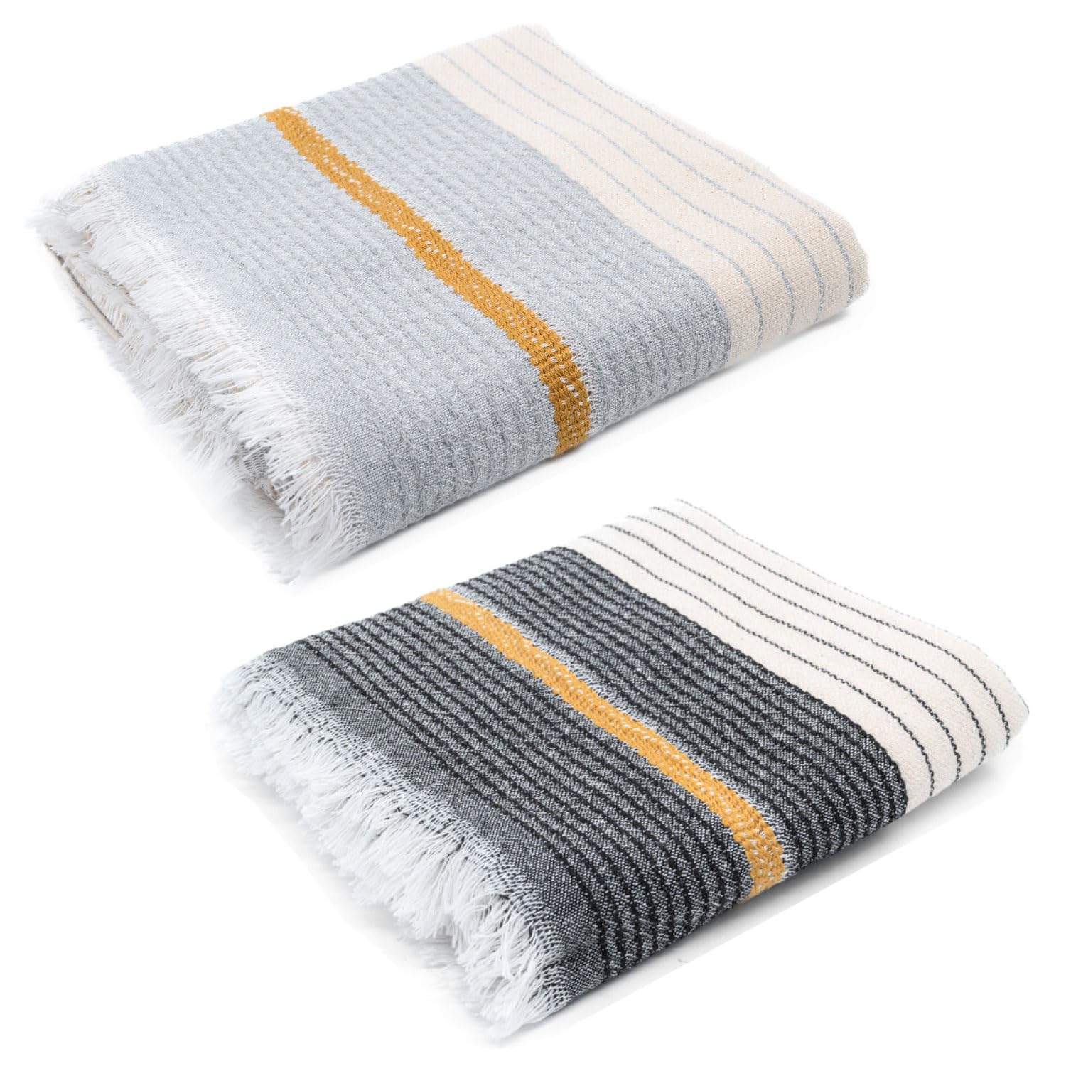2 Pack Olympos Turkish Beach Towel – Lightweight, Quick Dry, Sand Free – 100% Cotton Peshtemal Hammam & Bath Towel – 90x190 cm – Soft&Compact for Spa, Travel, Gym, Yoga, Camp (Grey & Black)