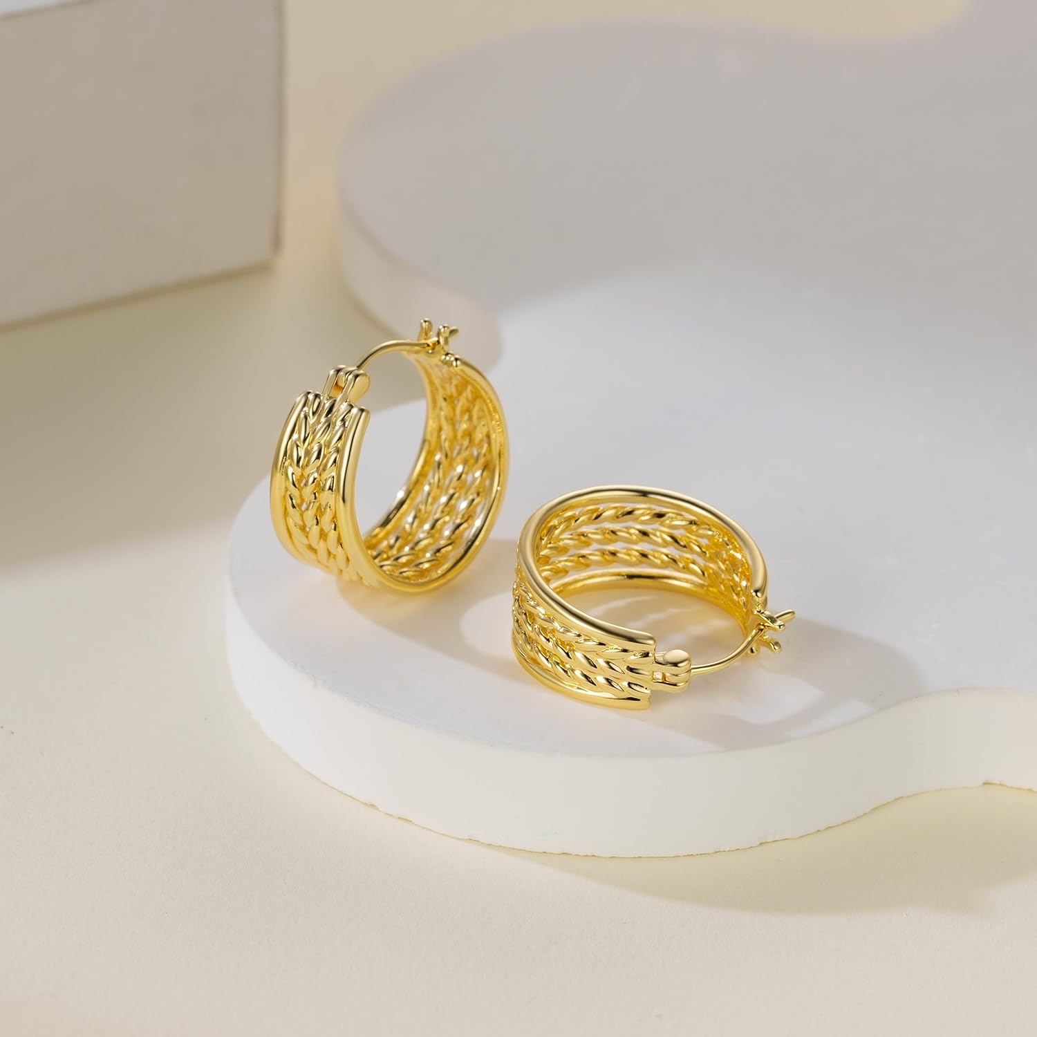Gold Hoop Earrings for Women 14K Gold Earrings for Women Trendy Woven Texture and Openwork Design Unique Womens Hoop Earring