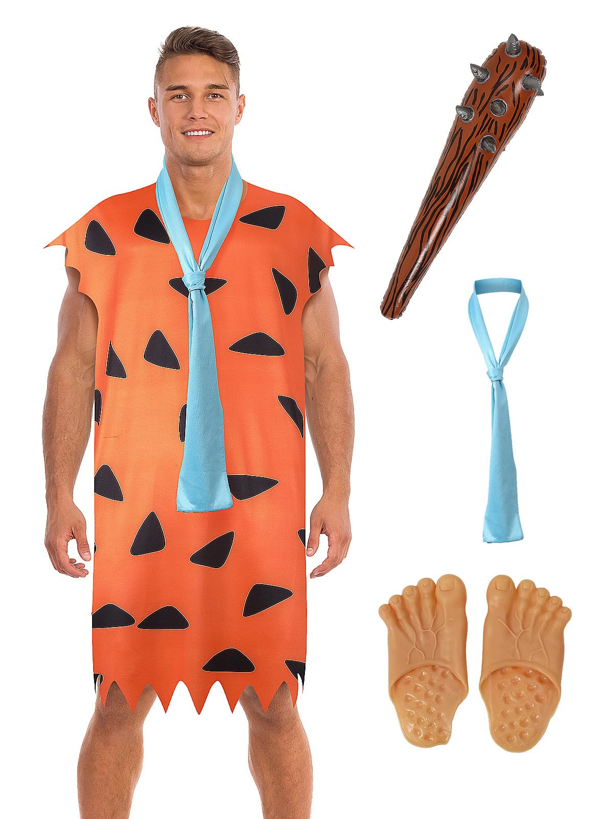 Makoike 4Pcs Adult Fred Costume Men Caveman Costume Orange Tunic with Tie Inflatable Mace Feet Covers Halloween Outfits Cosplay Props — image 1