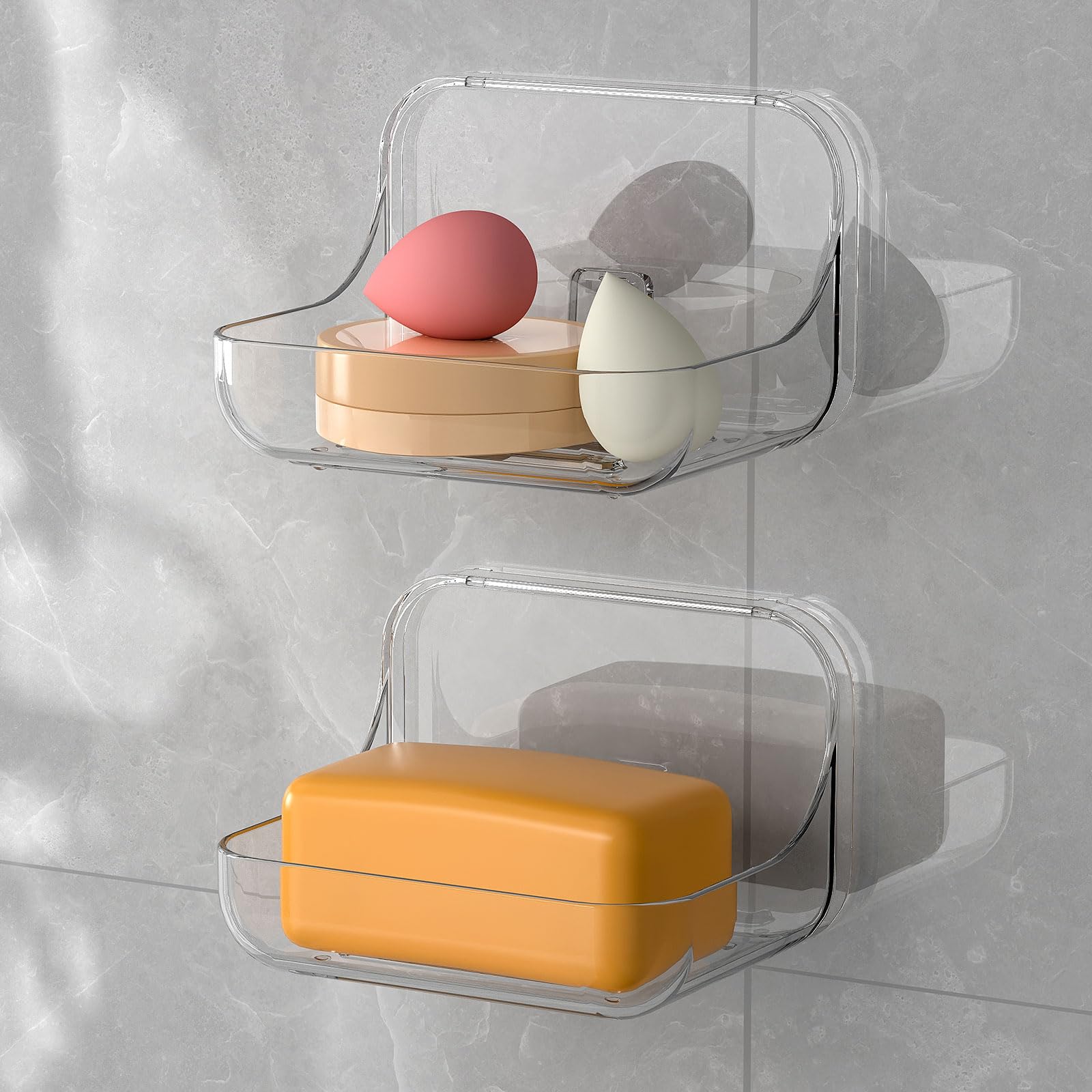 Soap Dish Holder,2 Pack Shower Soap Sponge Holder,Wall Mounted Self Adhesive Storage for Kitchen and Bathroom,Clear PET