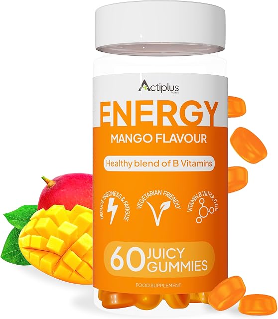 Energy-Boosting Vitamin B Complex Gummies - 60 Chewable Multivitamin Gummies for Adults - Juicy Mango Flavour, Tiredness & Fatigue Relief, with B12, Vitamins A, D, E, C & Zinc - 1 Month Supply