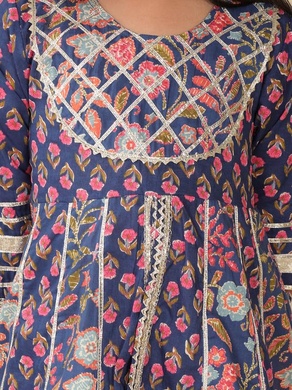 Image of superminis Girls Cotton Floral Printed Gotta Work 3 /4 Sleeves Flared Design Kurti & Sharara Set