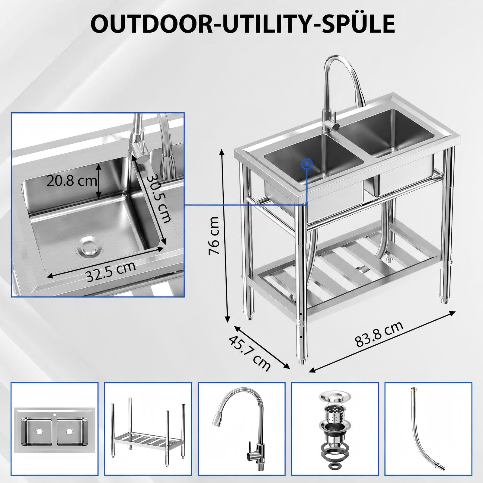Zstar Professionelles 304 Edelstahl Doppelspülbecken – Freistehend, verstellbare Beine, mit Wasserhahn, NSF-zertifiziert – Ideal für Küche, Waschküche, Garage oder Restaurant