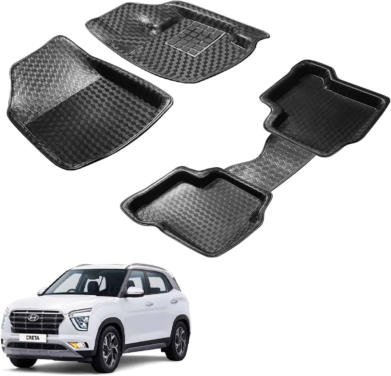 Auto Hub EVA-Plastic 3D/4D Car Floor Mats Compatible with Hyundai Creta New (Model : 2020-Till Date)-Black