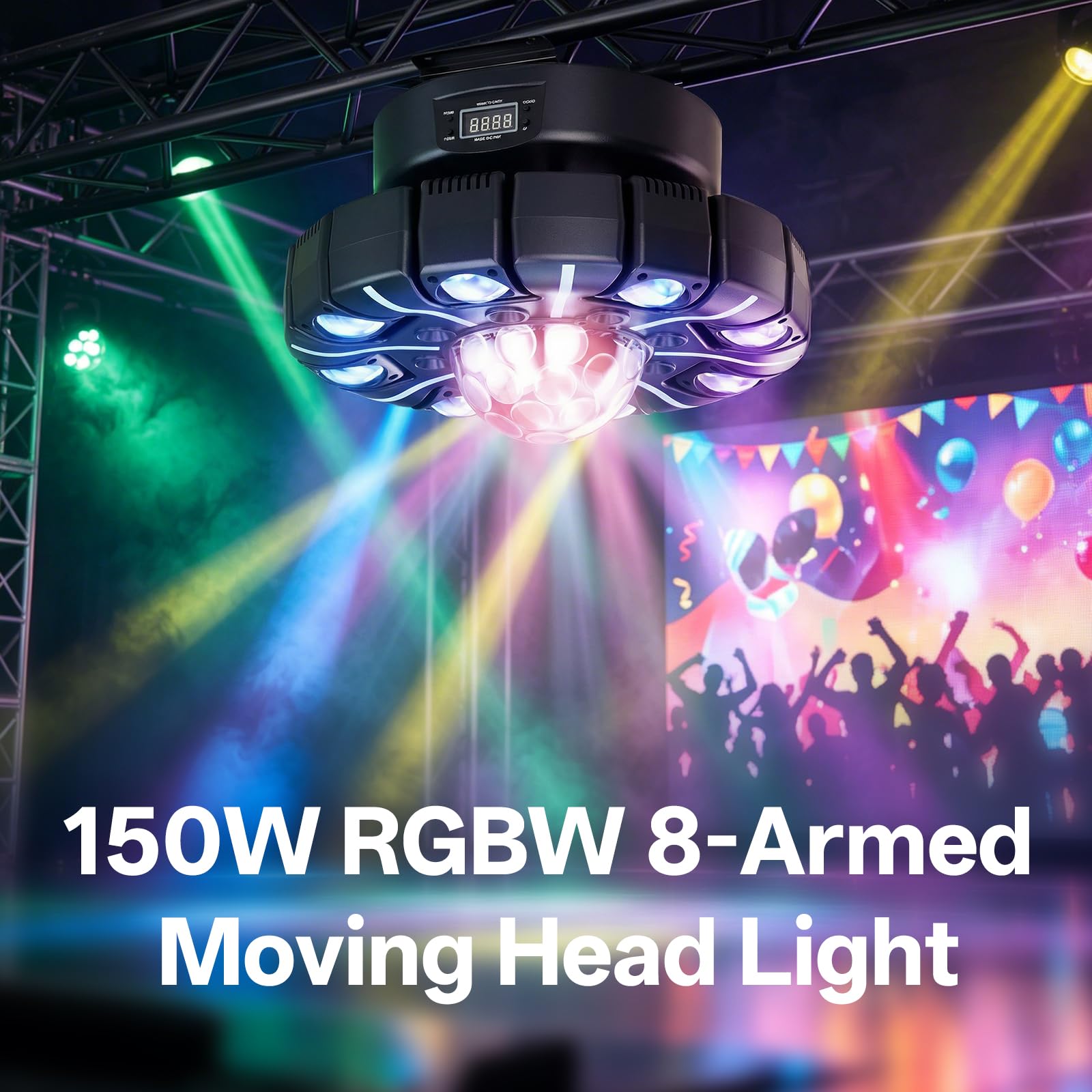 150W Beam Teste Mobili Luci Palcoscenico con Telecomando, 8 bracci LED RGBW Faro Lampada da Festa Palla da Discoteca con Motivi DMX512 Strobo Controllo Vocale per Bar Esibizioni DJ Concerti