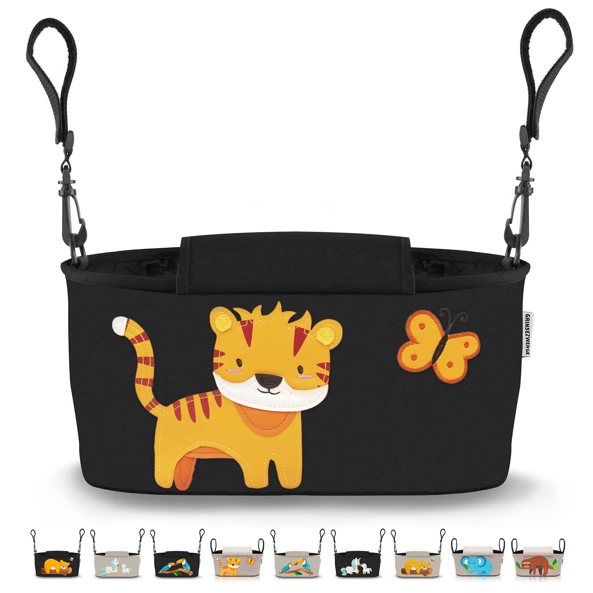 GRINSEZWERGE Borsa per Passeggino - 9 Motivi I Organizer per Carrozzina Neonato I Portaoggetti con Dispenser per Salviette I Universale Organizzatore Bambini colore nero I Bambina Stroller Bag