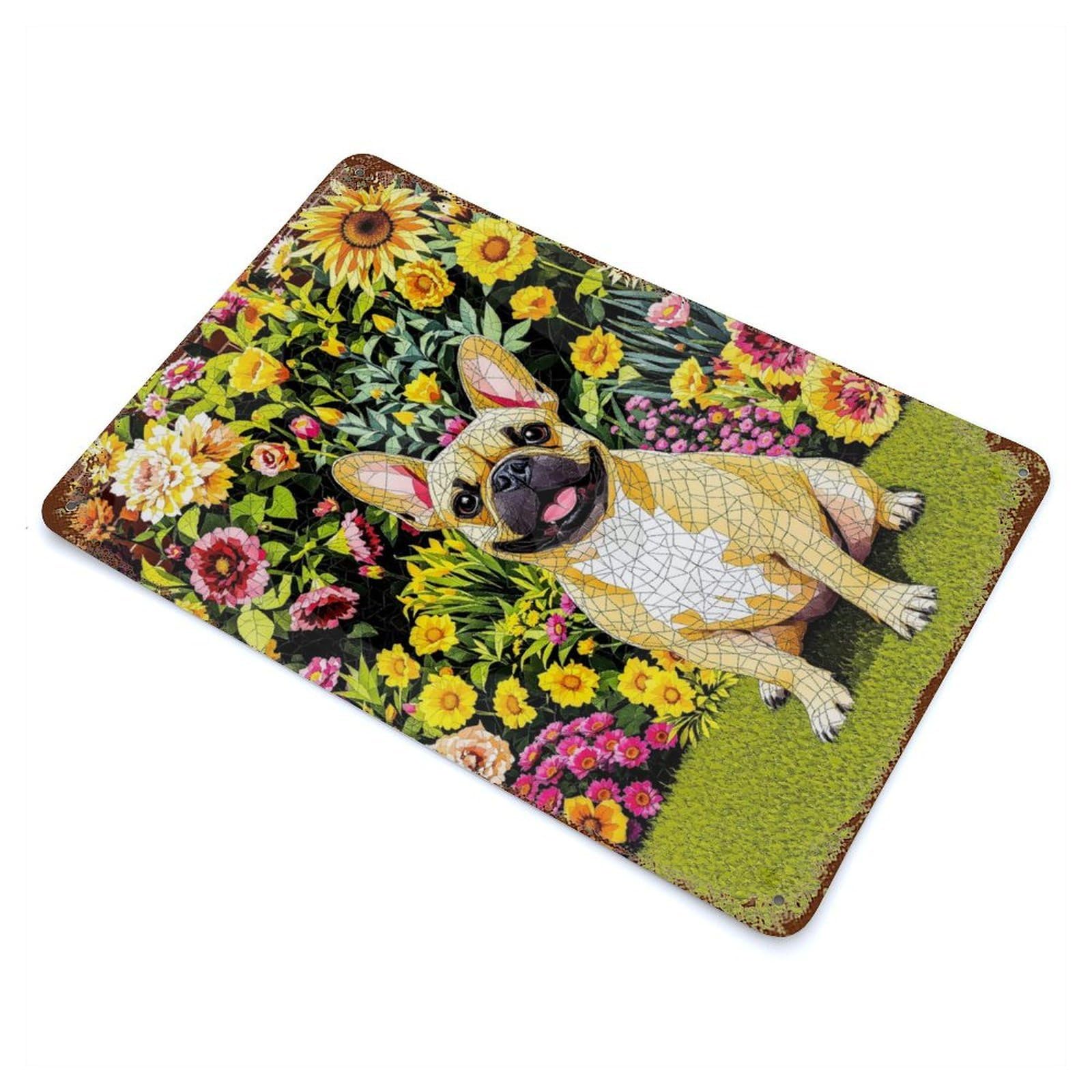 French Bulldog in Flower Garden 11.8"x7.9" Retro Metal Sign, Industrial Home Decor for Basement, Hobby Room And Garage Decor