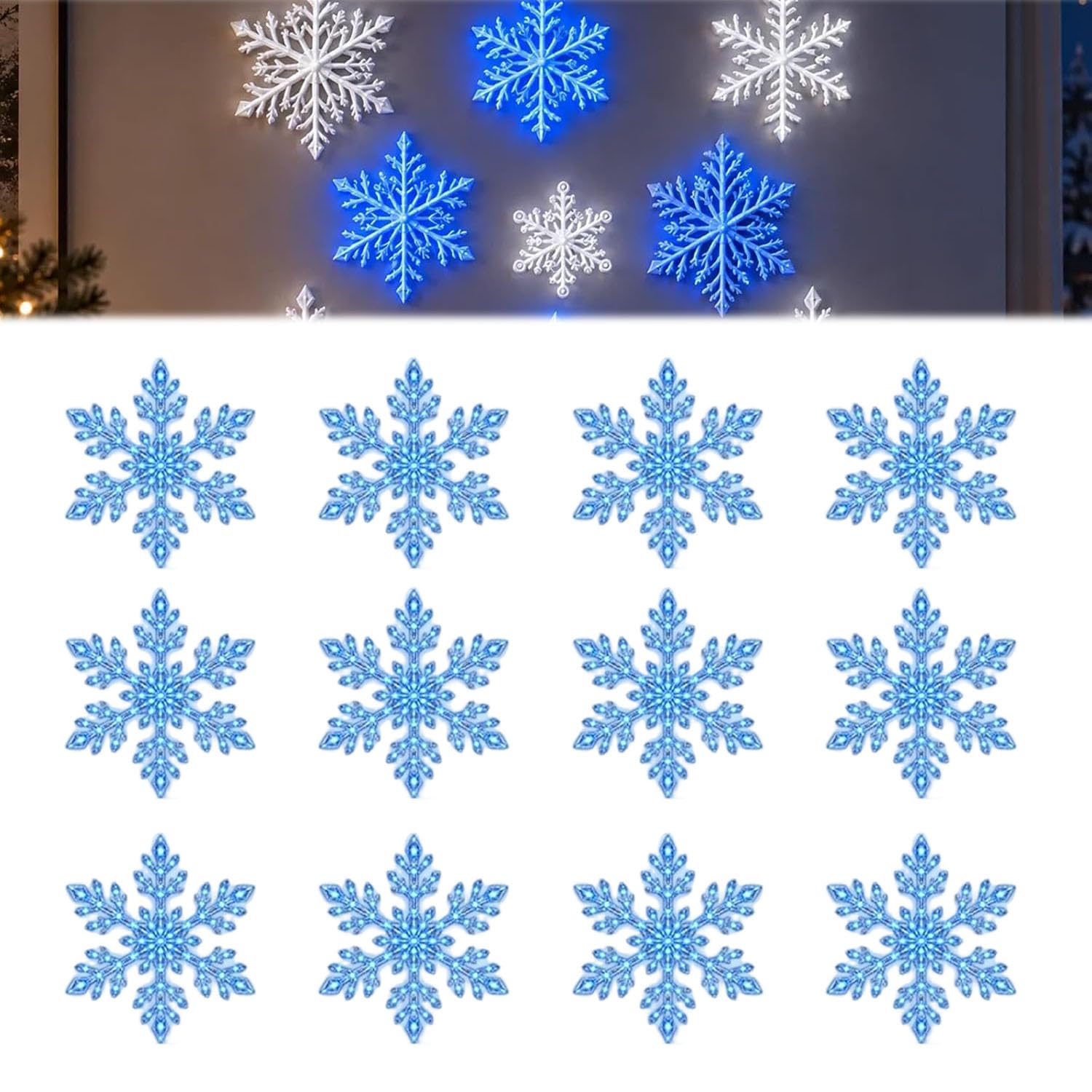 Blue & White LED Snowflake Lights, LED Snowflake Wall Lights, Christmas Light up Snow Flake for Living Room Bedroom Party Winter Home Decoration (Blue-12PCS)