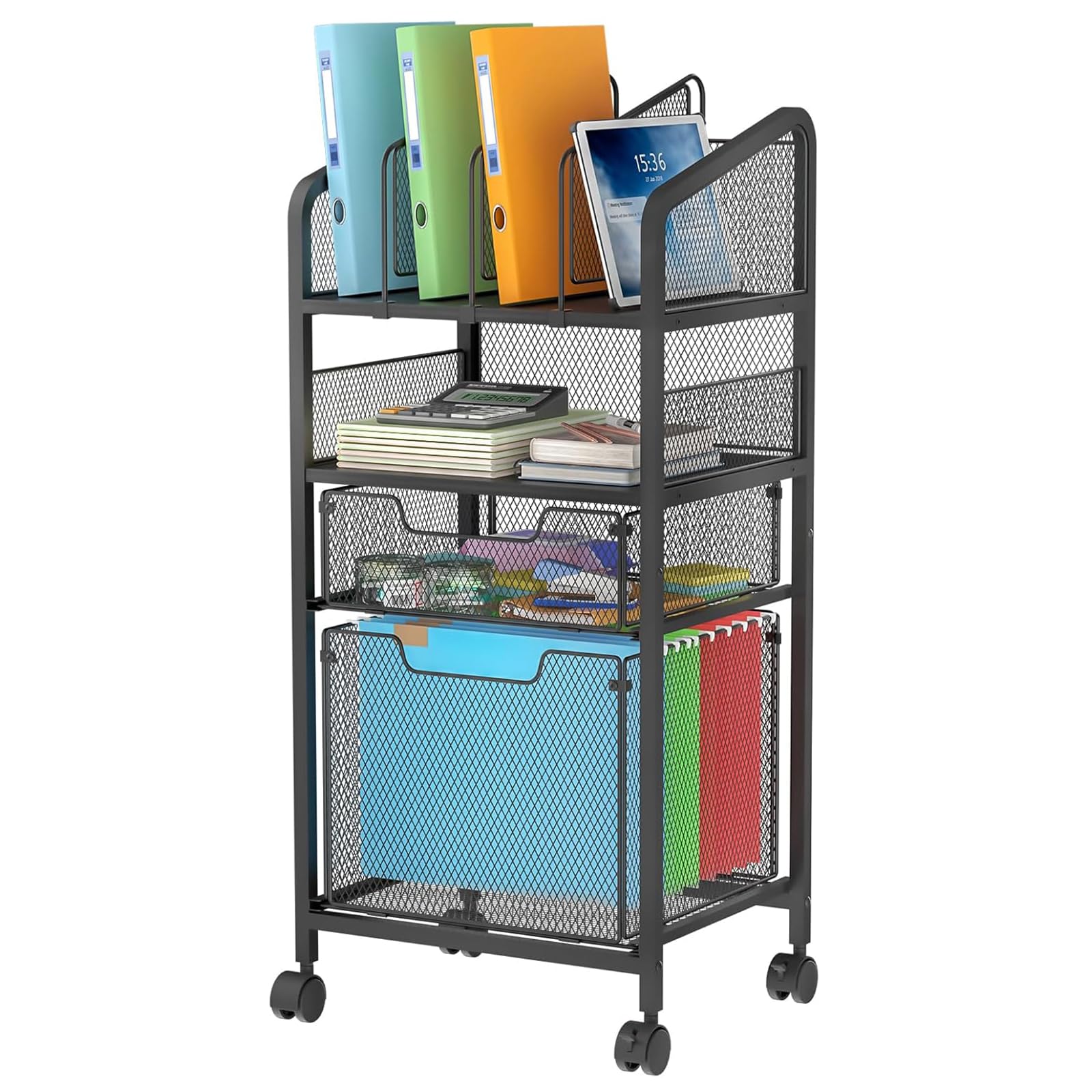 Huxitocan 2 Drawer File Cabinet with Adjustable Dividers, 4-Tier Mobile Vertical Filing Cabinet on Lockable Wheels, Hanging File Organizer Cart for