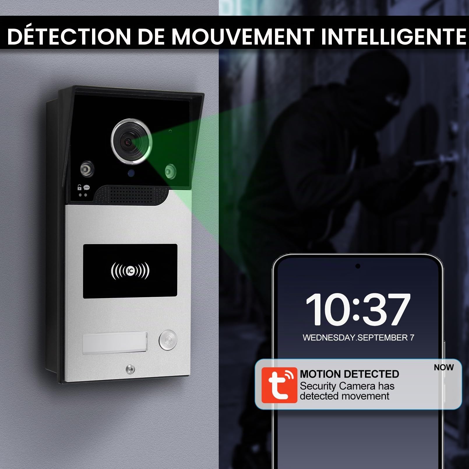 Interphone Vidéo WiFi Tuya 10 Pouces 1080P, Appareil Interphone Filaire 4 Fils avec Caméra Extérieure IP65, Écran Tactile, Déverrouillage par App/Carte, Détection de Mouvement