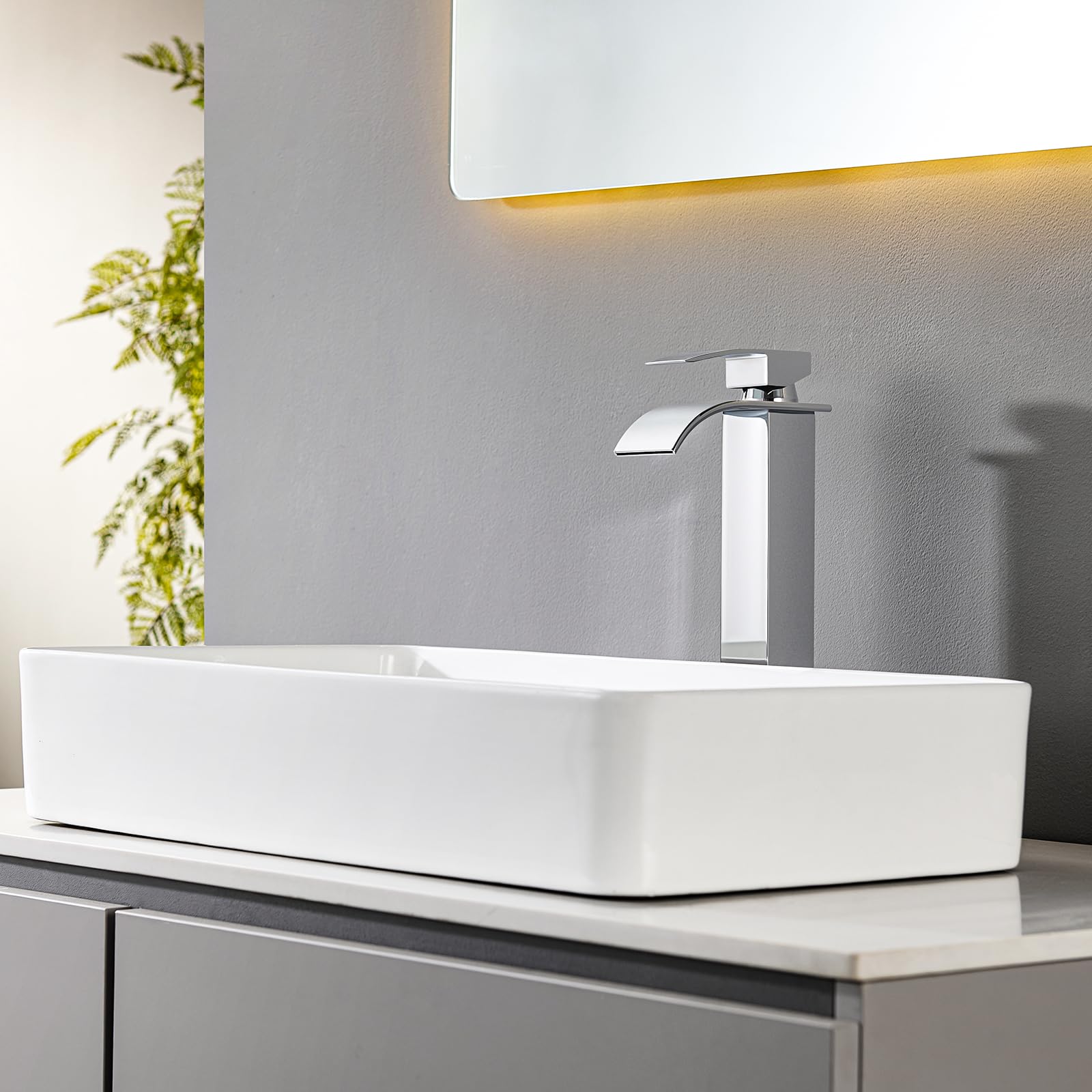 CECIPA Alto Rubinetto Bagno Lavabo Cromo a Cascata, Miscelatore Lavabo Bagno, Miscelatore per Bagno in Ottone e Acciaio Inox, altezza del beccuccio 245 mm