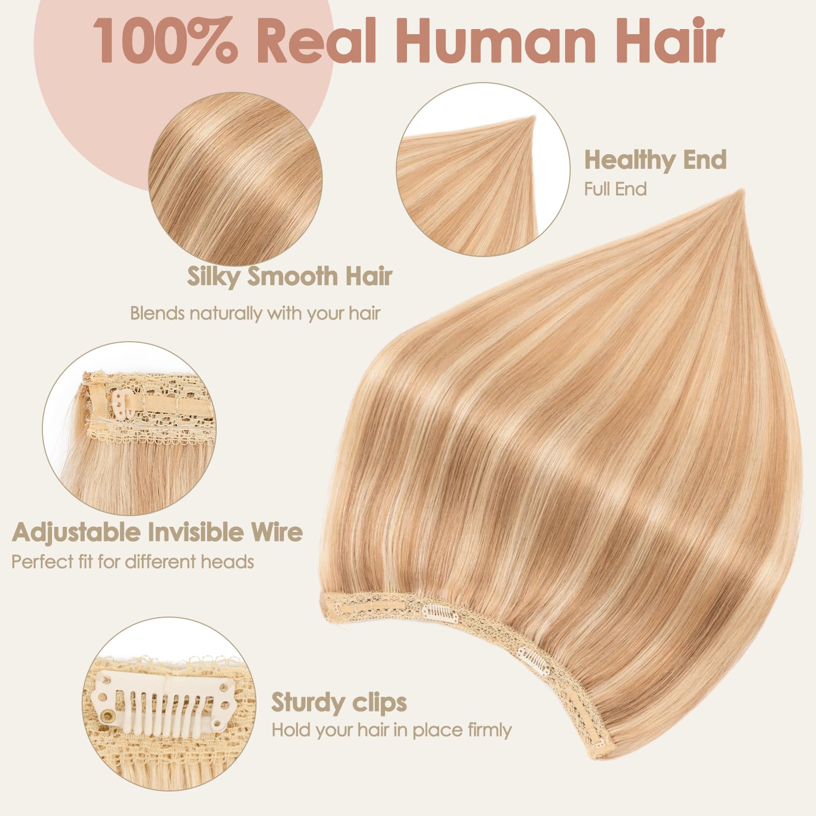 S-noilite Wire Human Hair Extensions Real Hair One Piece Golden Brown/Bleach Blonde Invisible Fish Line 18 Inch 65g - Image 2