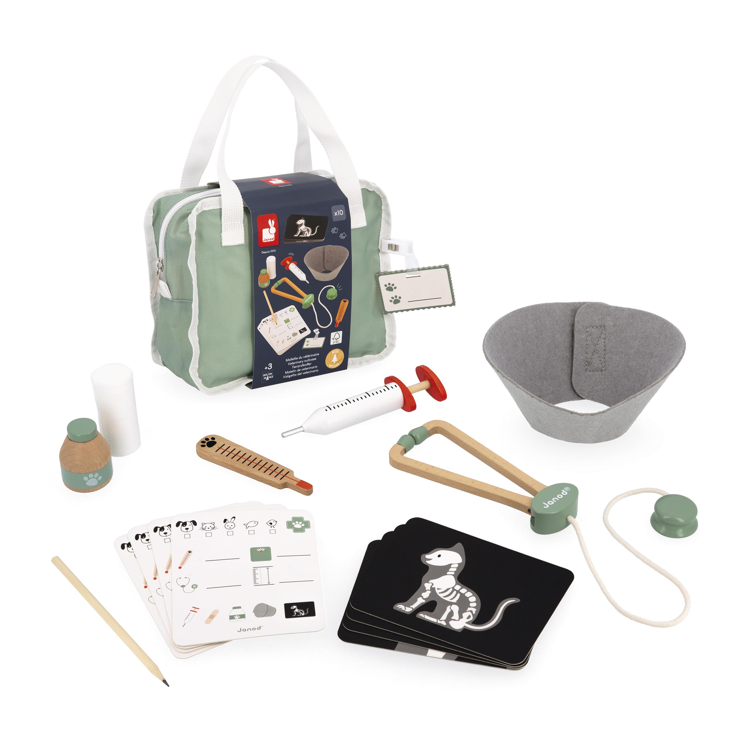 Janod - Maletín de Veterinario - Juguete de Imitación Profesión - 16 Accesorios incluidos - Estimula la imaginación - Certificado FSC - Maletín de Tela con asa - A Partir de 3 Años, J06466