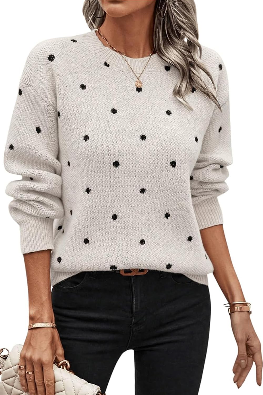 yoeasy Womens Polka Dots Sweaters Color Block Long Sleeve Crew Neck Trendy Casual Knit Loose Fit Pullover Tops