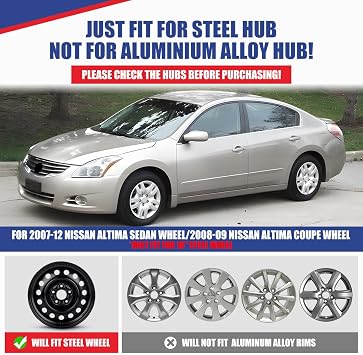 16 Inch Hubcaps Set of 4 Silver Chrome Wheel Rims Cover R16 for Nissan Altima 2007-2012 & for Nissan Altima Coupe 08-09, ABS & PC Material Wheel Covers Bolt On Fit for Steel Wheels Auto Accessories