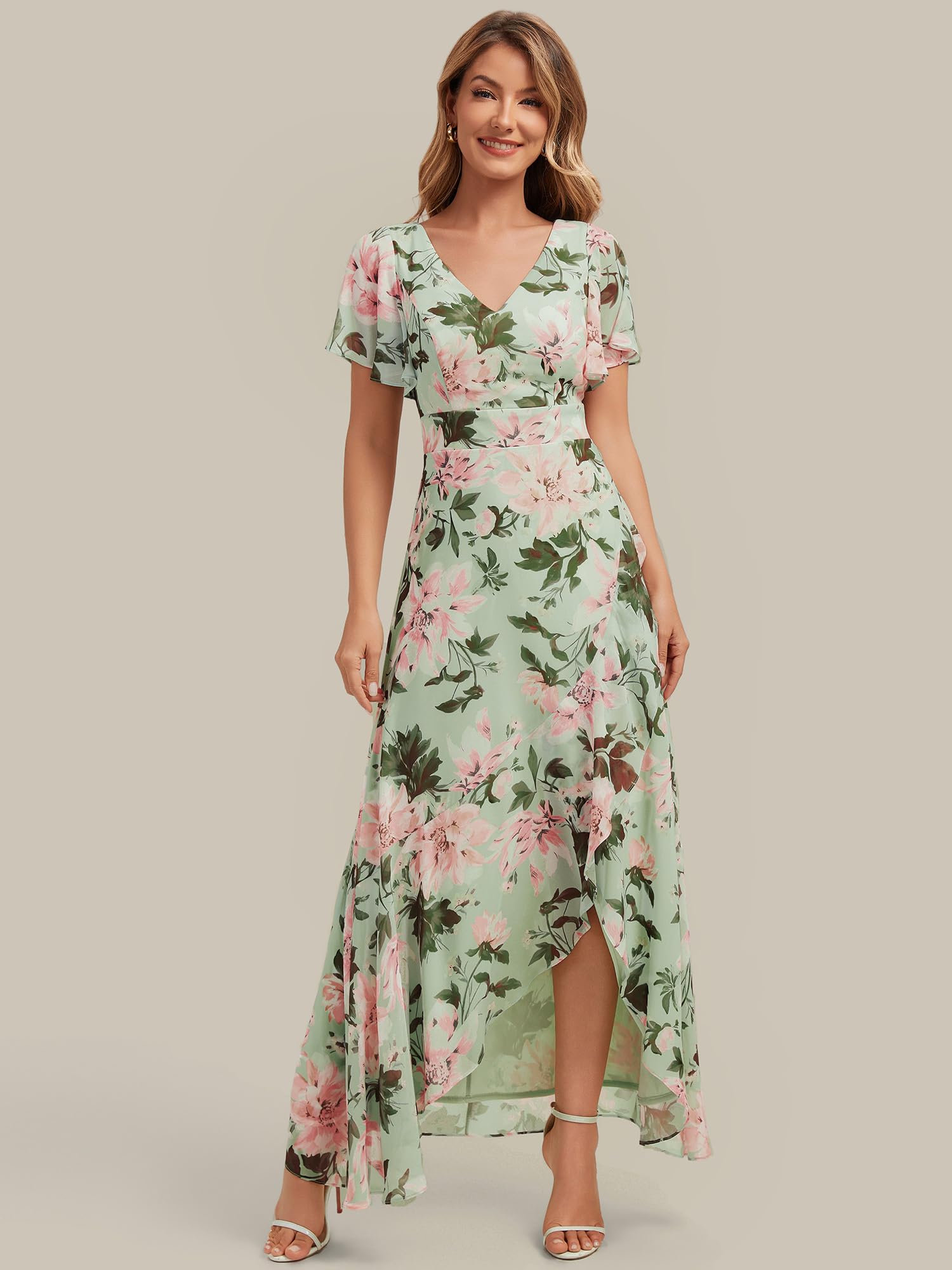 Ever-Pretty Abiti da Damigella Collo a V Maniche Corte Chiffon High Low Sbordi Asimmetrici ES02758