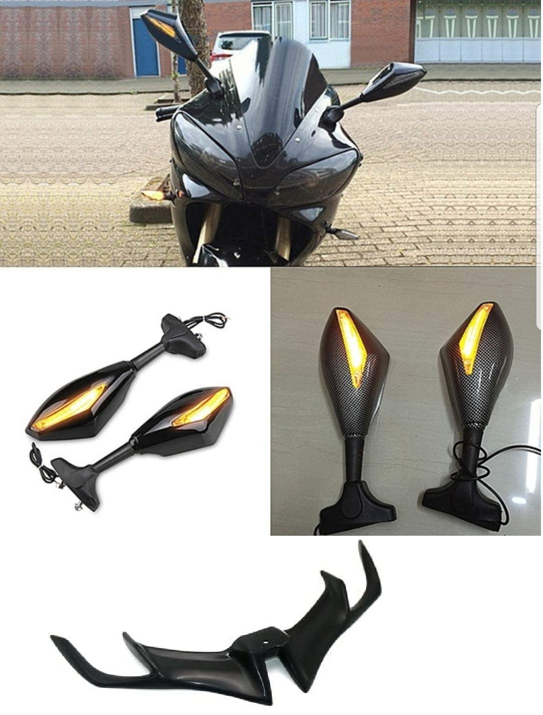 Universal Motorcycle Rearview Side Mirrors with LED Turn Signal Indicator Adjustable Bike Rear View Mirror for R15 V3 carbon + r15 v3 winglet black (Amber Yellow)