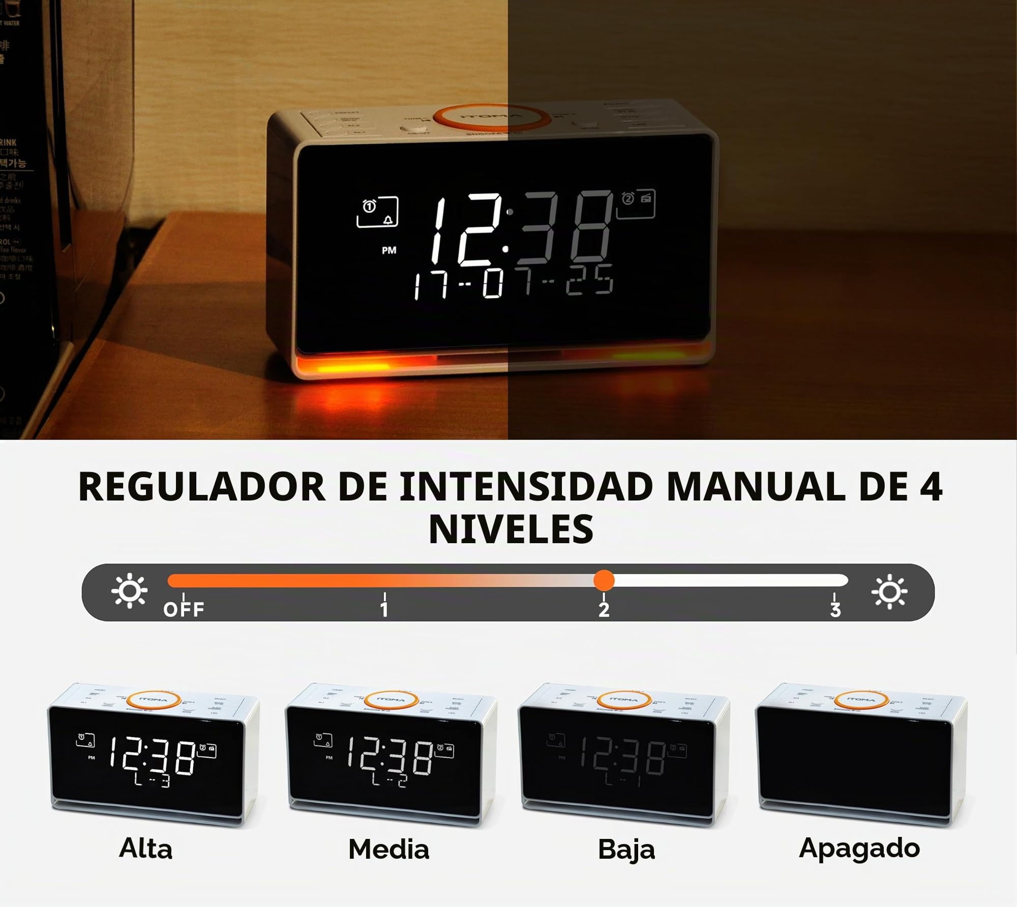 Despertador de radio DAB y FM con 40 preestablecidos, bluetooth, doble alarma, cronómetro de sueño, control de dimmer, cargador USB y enchufe de auriculares iTOMA 728
