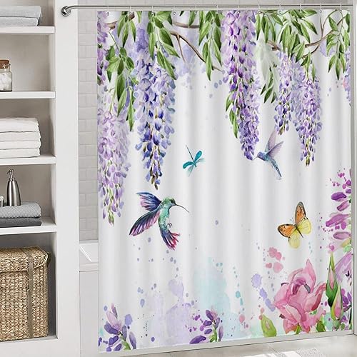 Miniatura 5 de Juego de 4 cortinas de ducha de colibríes florales de acuarela, 4 piezas, abstracta moderna flor morada, vid, mariposa, libélula juegos de