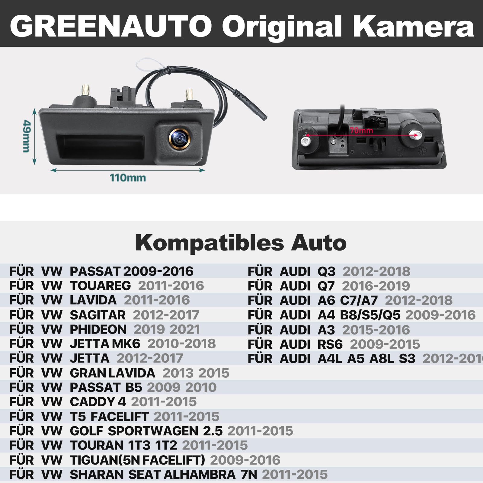 HD 1080P Auto Rückfahrkamera für Audi A4L A5 A3 Q3 Q5 RS6 VW Passat Tiguan Jetta Sharan Lavida Skoda