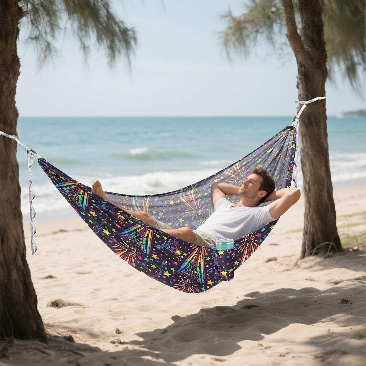 ALAZA Rainbow Eiffel Tower Stars Camping Hammocks Single or 2 Person 500 lbs Portable Parachute Travel Hammock w/Tree Straps for Hiking Backpacking Indoor Outdoor