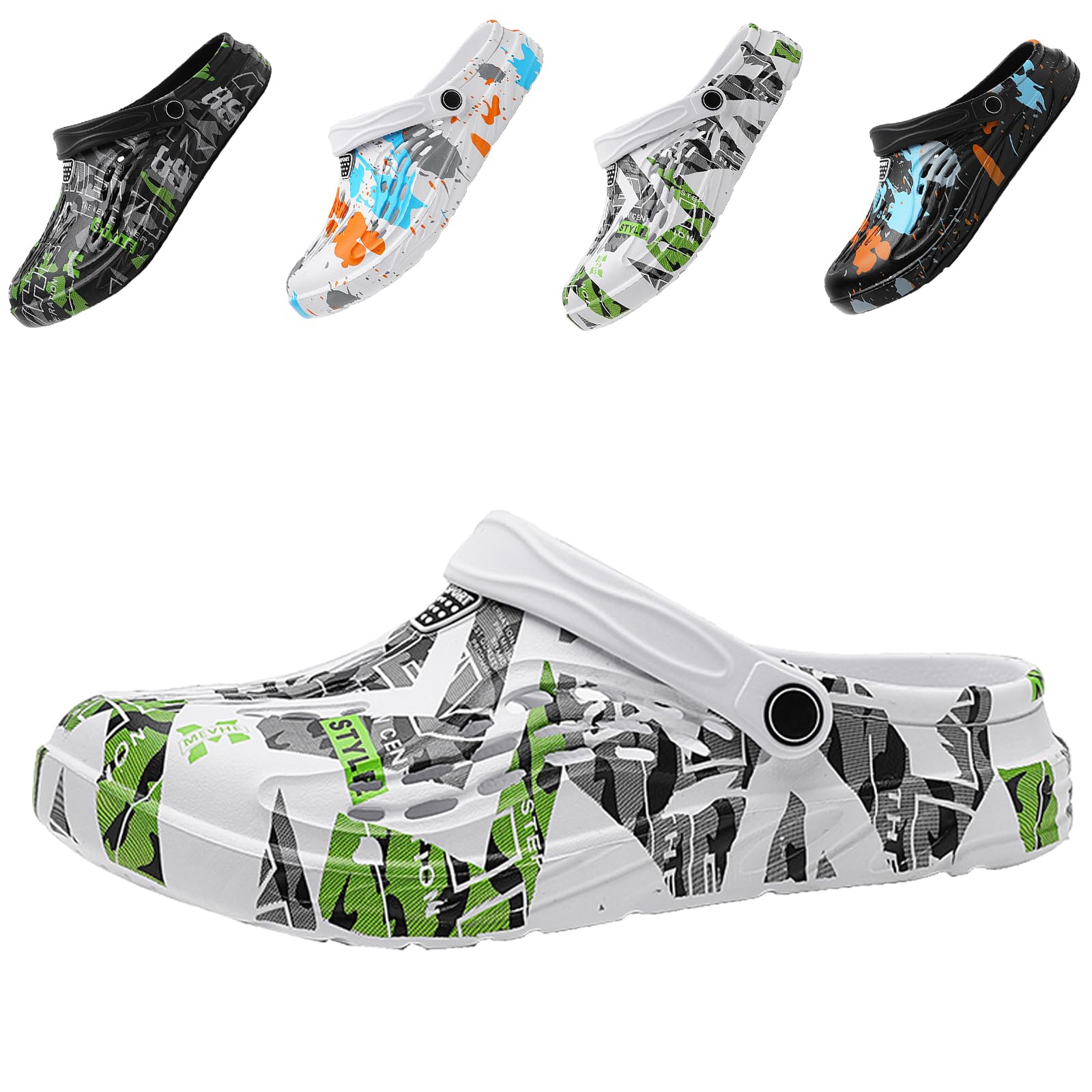 CYian Zuecos clásicos para hombre y mujer, ligeros, mullidos, sandalias de playa, zuecos de jardín, Verde, blanco, 7 Women/5 Men